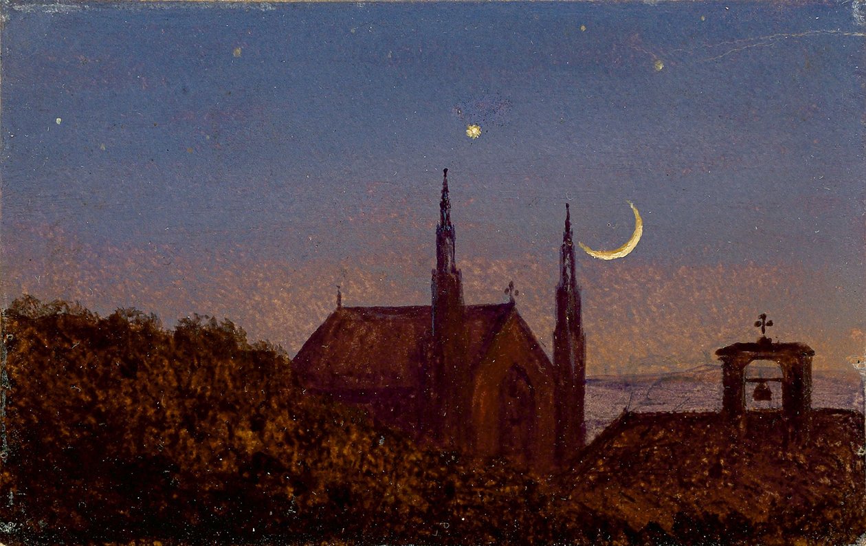 Alemão: Gothic church above treetops by moonlight (Pequena paisagem ao luar com uma pequena igreja) de Carl Gustav Carus