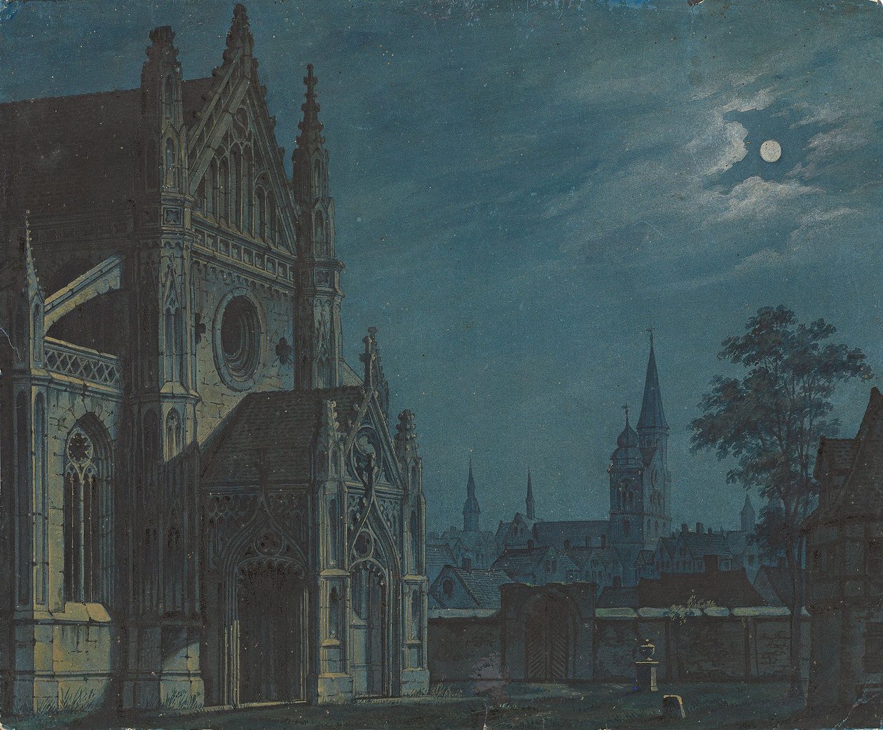 Alemão: Moonlight over the courtyard of a Gothic church with rich tracery / Pátio de uma igreja gótica ao luar de Carl Gustav Carus