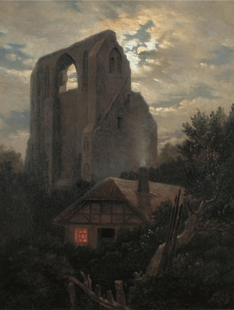 Ruínas do mosteiro de Eldena com chalé perto de Greifswald, ao luar, 1820 de Carl Gustav Carus
