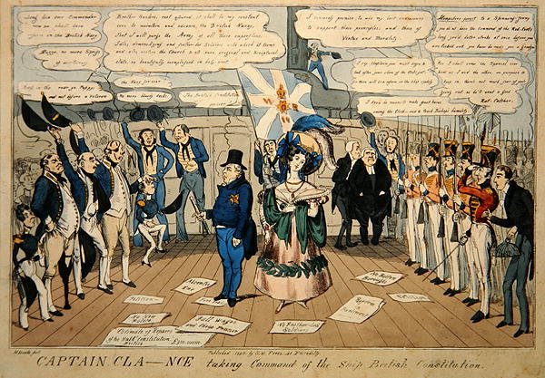 Capitão Cla--nce assumindo o comando do navio, Constituição Britânica, publicada por S.W. Flores de Carl H. Heath