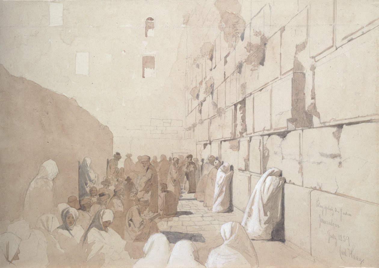 &39;Am Klageplatz der Juden&39;, Muro das Lamentações em Jerusalém, 1869 (lápis e lavagem aumentados com branco sobre papel) de Carl Haag