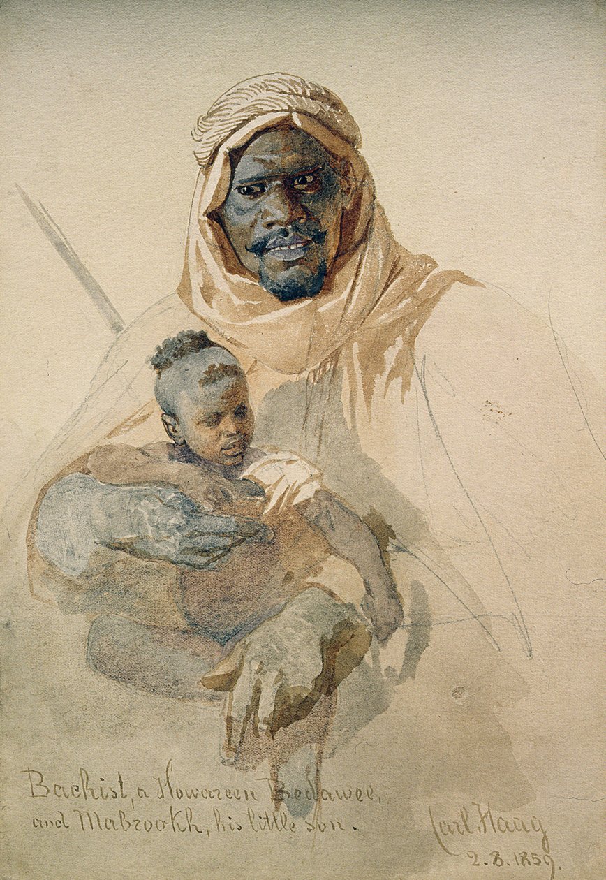 Bachist, um Howazeen Bedawee e Mabzookh, seu pequeno filho, 1859 (lápis e wc lavar no papel) de Carl Haag