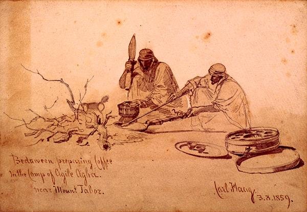 Beduínos preparando café no Campo de Agile Agha, perto do Monte Jaboz de Carl Haag