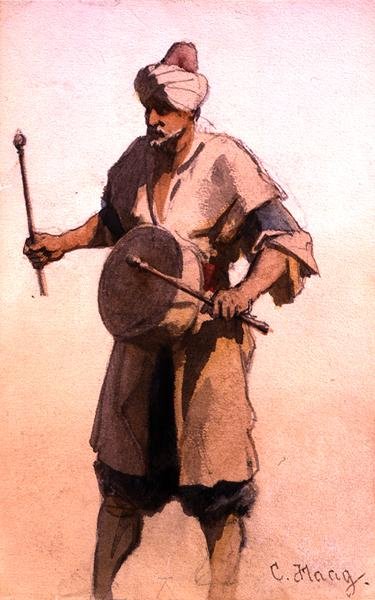 Batedor de tambor na procissão de casamento, Cairo (aguarela sobre papel) de Carl Haag