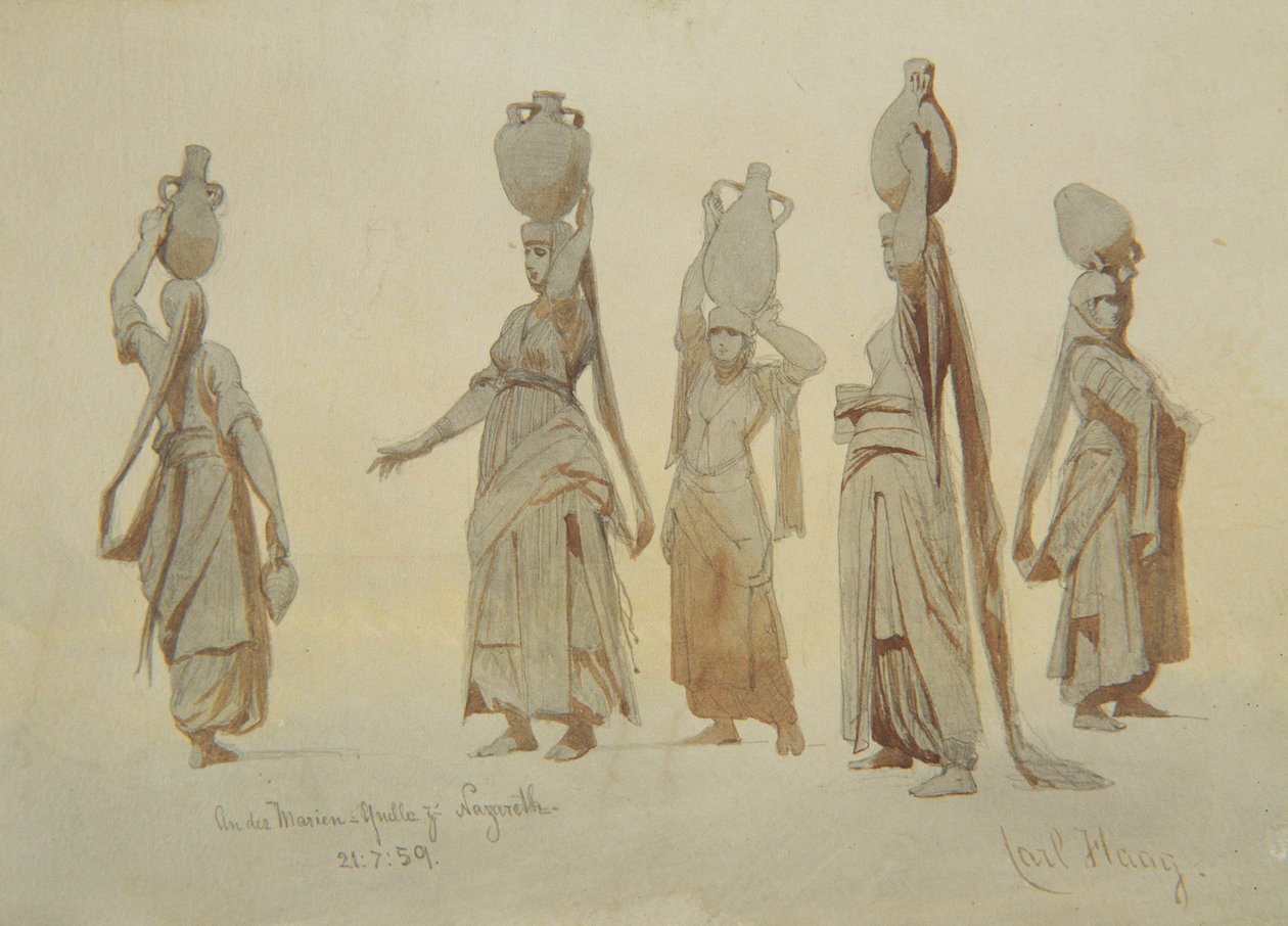 Portadores de água femininos, Nazareth, 1859 (lápis e lavar no papel) de Carl Haag