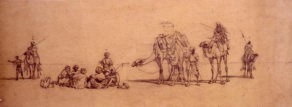 Figuras e camelos no deserto (lápis sobre papel vegetal colocado sobre cartão) de Carl Haag