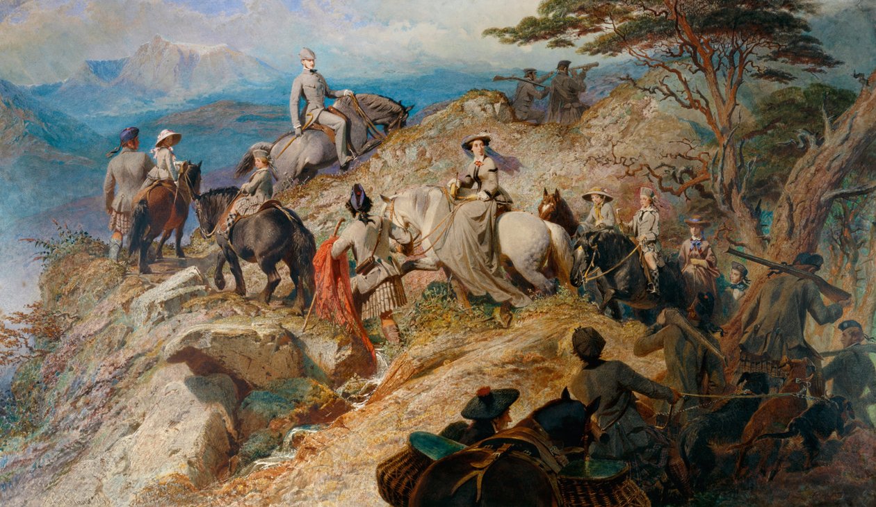 Manhã nas montanhas. A família real em ascensão Lochnagar, 1853 de Carl Haag