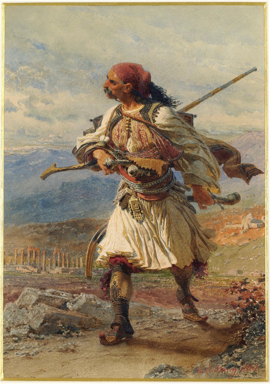 Retrato de um Armatole, guerreiro grego, na época da Guerra da Independência Grega (1821-1830) - Obra de Carl Haag (1820-1915), aquarela e guache sobre papel (35x25 cm) de Carl Haag