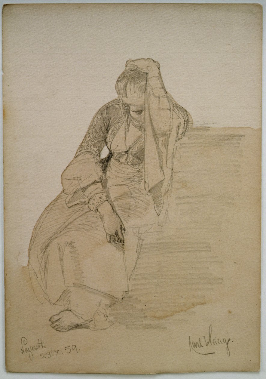 Estudo de uma senhora sentada, Nazaré, 1859 (lápis e wc lavados em papel) de Carl Haag