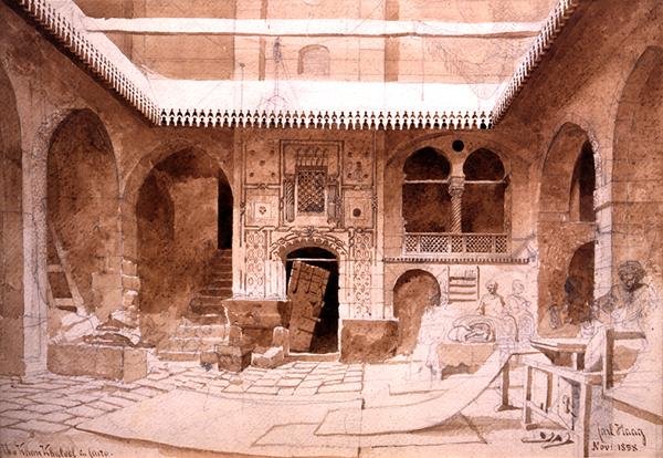 O Chan Chaleel Carpet Bazaar no Cairo, 1858 (lápis e marrom no papel) de Carl Haag
