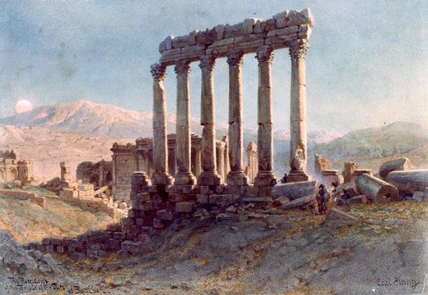 Os restos do Templo do Sol em Baalbek (aguarela sobre papel) de Carl Haag