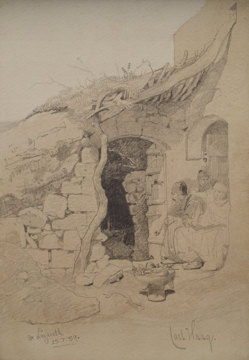 Três figuras sentadas do lado de fora de uma casa, Nazaré, 1859 (lápis e papel) de Carl Haag