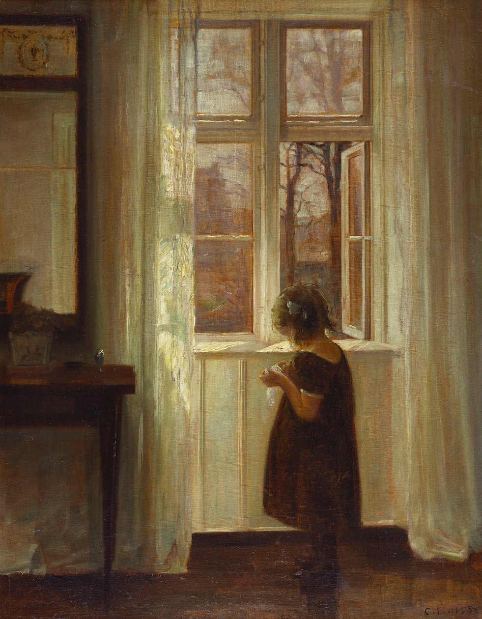 Uma garota em uma janela (óleo sobre tela) de Carl Holsoe