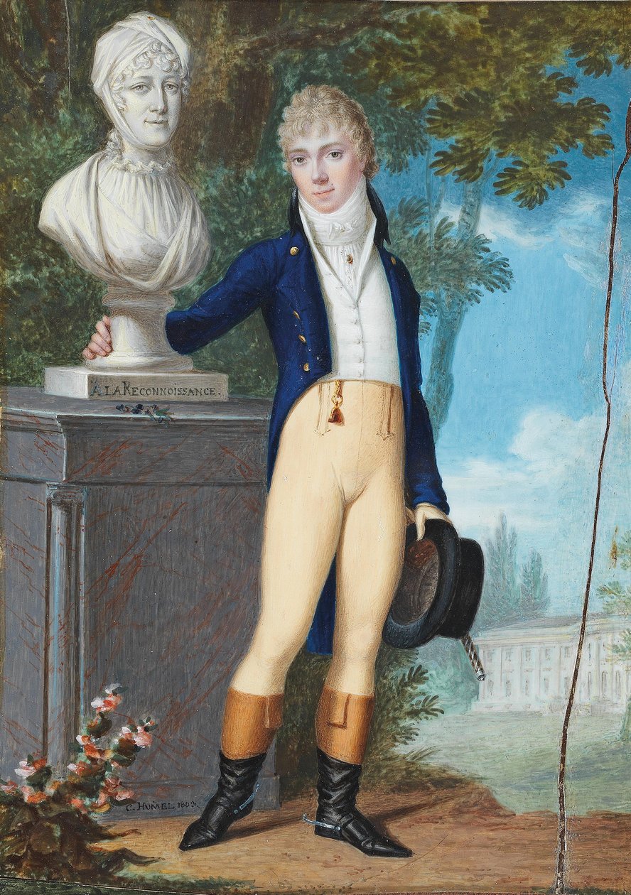 Alemão: Retrato de um jovem cavalheiro em traje de equitação, num parque de um castelo, junto ao busto da sua mãe com a inscrição "à la Reconnaissance" (em agradecimento) - de acordo com a legenda no verso, trata-se de Franz de Paula G de Carl Hummel