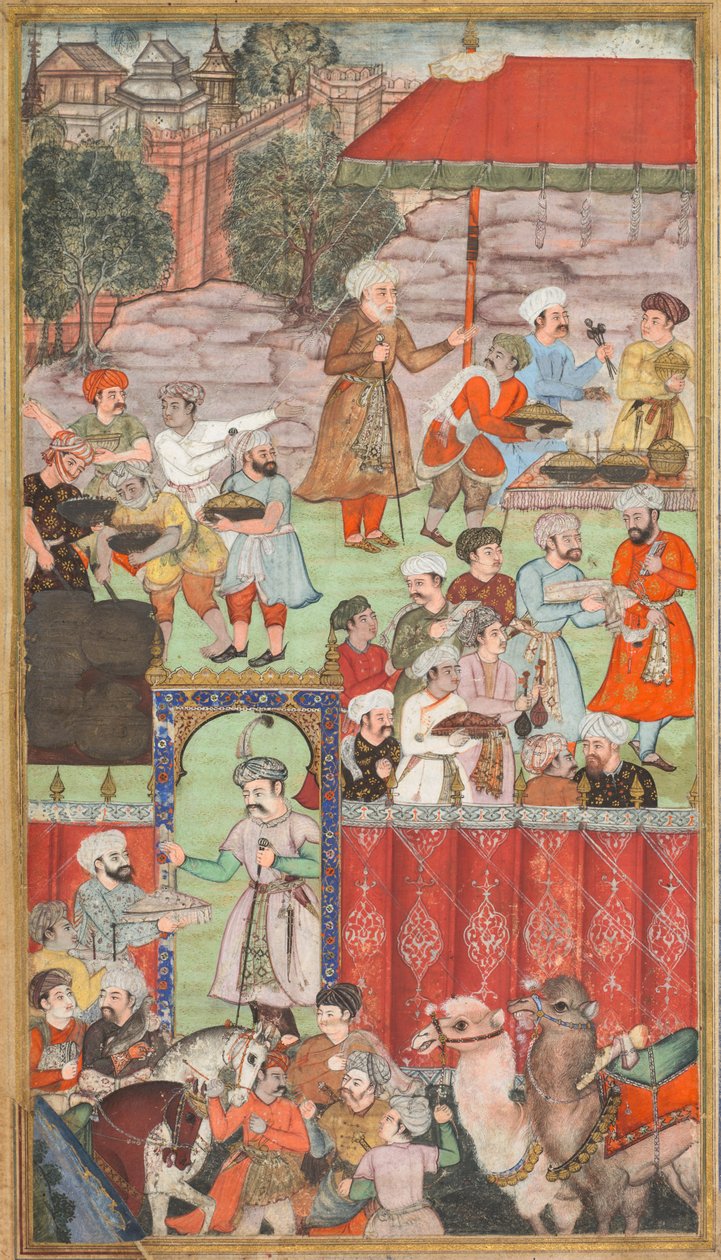 Uma festa para Babur organizada por seu meio-irmão Jahangir Mirza em Ghazni em maio de 1505, de um Babur-nama (Memórias de Babur) de Carl Julius Rieden