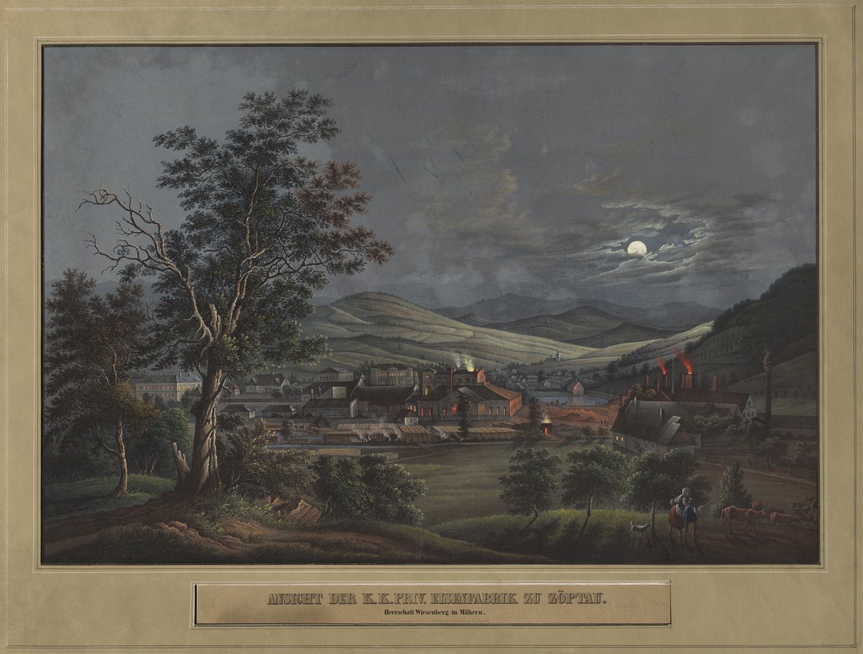 Vista da Fábrica de Ferro Privada K. K. em Zöptau, c. 1850. de Carl Julius Rieden