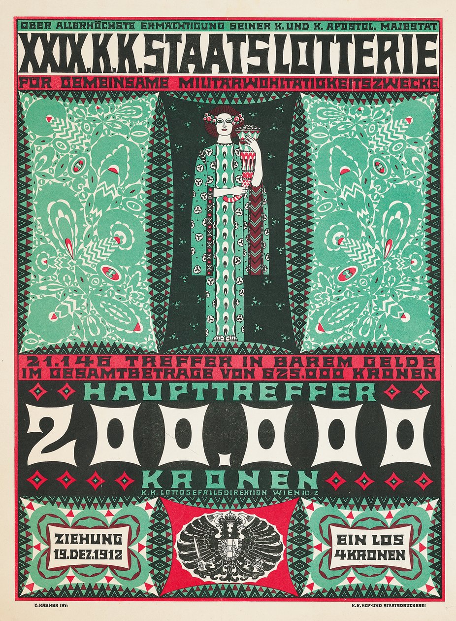 Cartaz anunciando a 24ª loteria de caridade real austríaca em 1912 de Carl Krenek