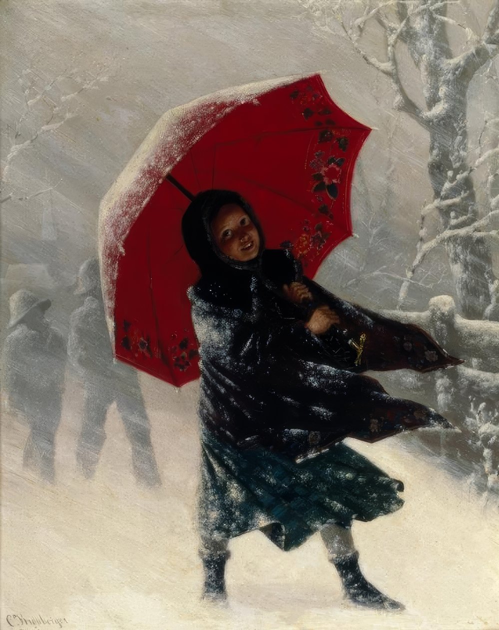 Carl Kronberger, crianças em uma tempestade de neve - pintura de Carl Kronberger