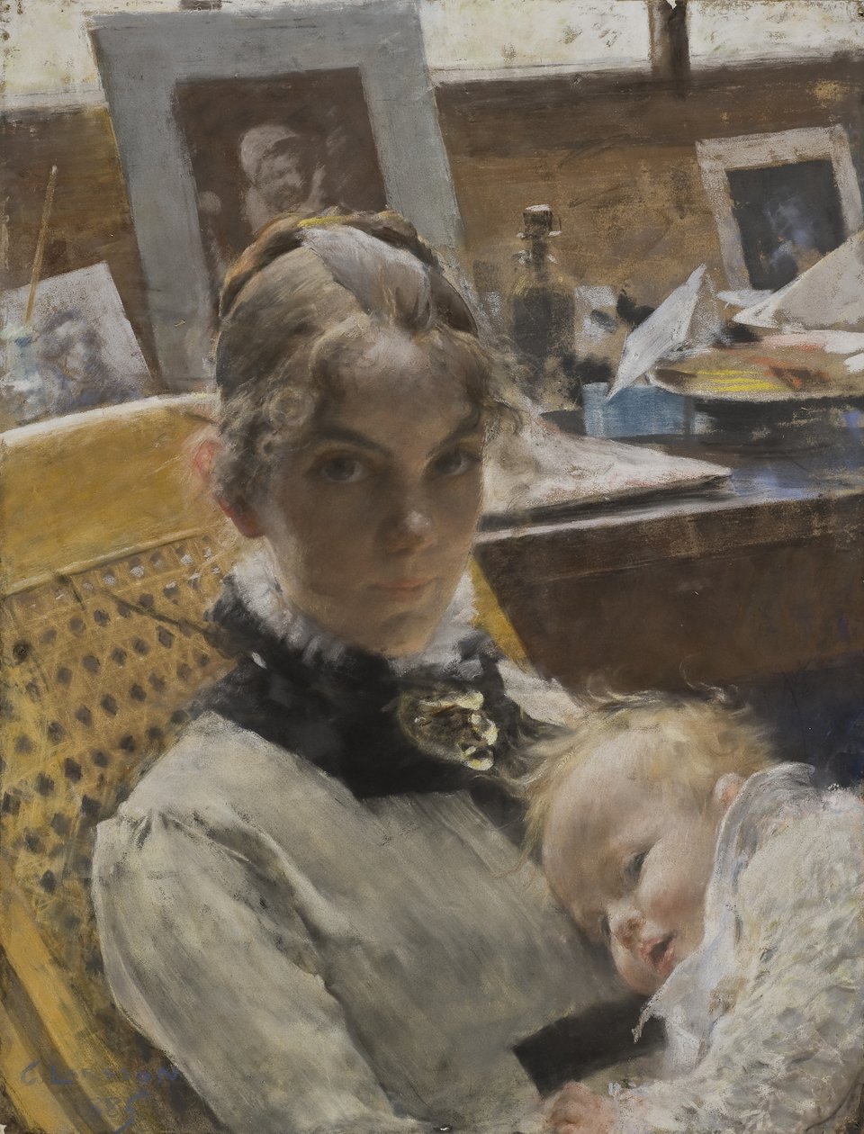 Um Idílio Studio: A Esposa Artistas e sua Filha Suzanne, 1885 (pastel) de Carl Larsson