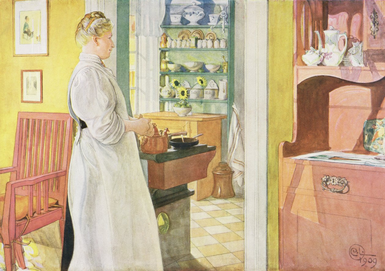 Anna Arnbom (cena da cozinha), pub. em &39;Lasst Licht Hinin&39; (&39;Deixe entrar mais luz&39;), 1909 de Carl Larsson