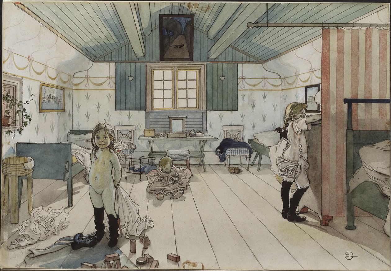 Chambre de petites filles - Pequena Sala das Meninas, de Larsson, Carl (1853-1919). Aquarela sobre papel. Dimensão : 32x43 cm. Nationalmuseum Stockholm de Carl Larsson