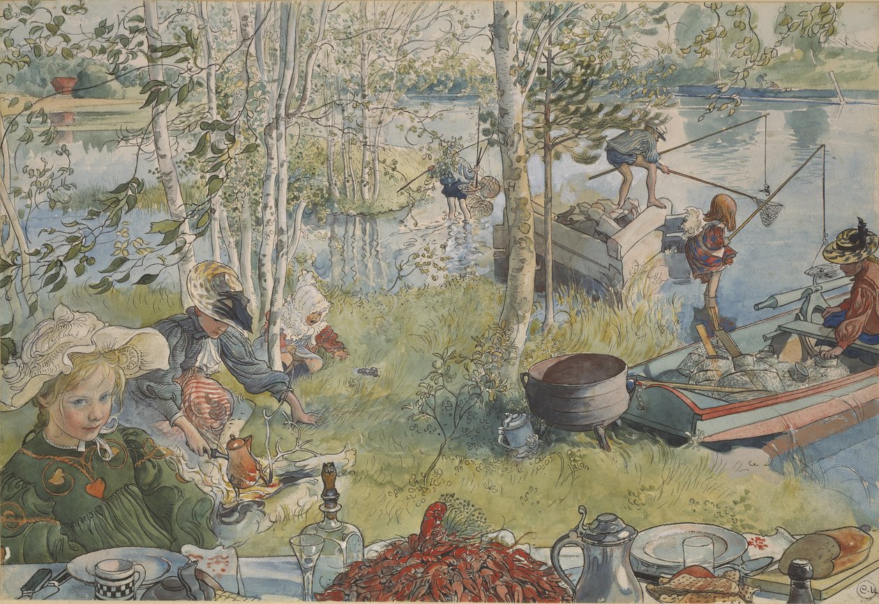 Crayfishing, da série &39;A Home&39;, c.1895 (aquarela sobre papel) de Carl Larsson