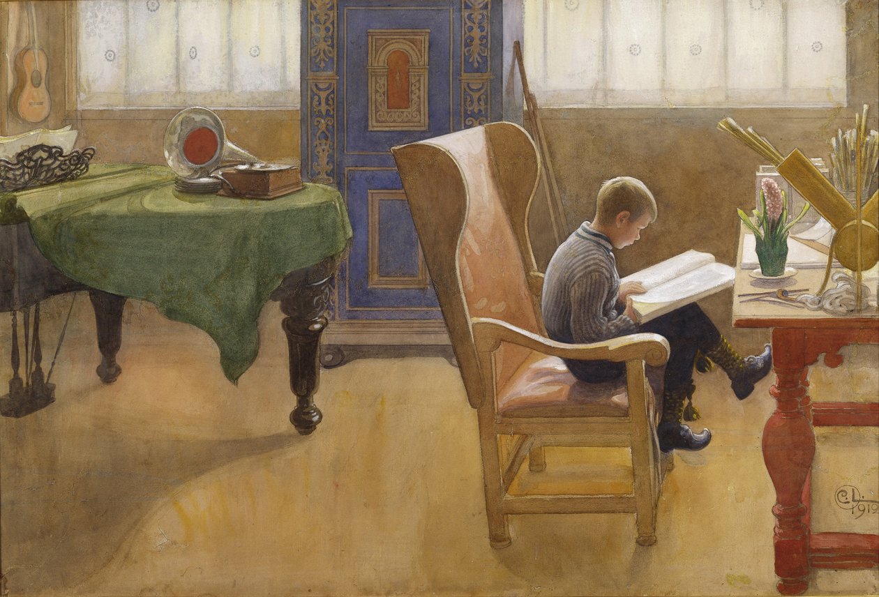 Esbjorn no canto do estudo, 1912 (wc no papel) de Carl Larsson