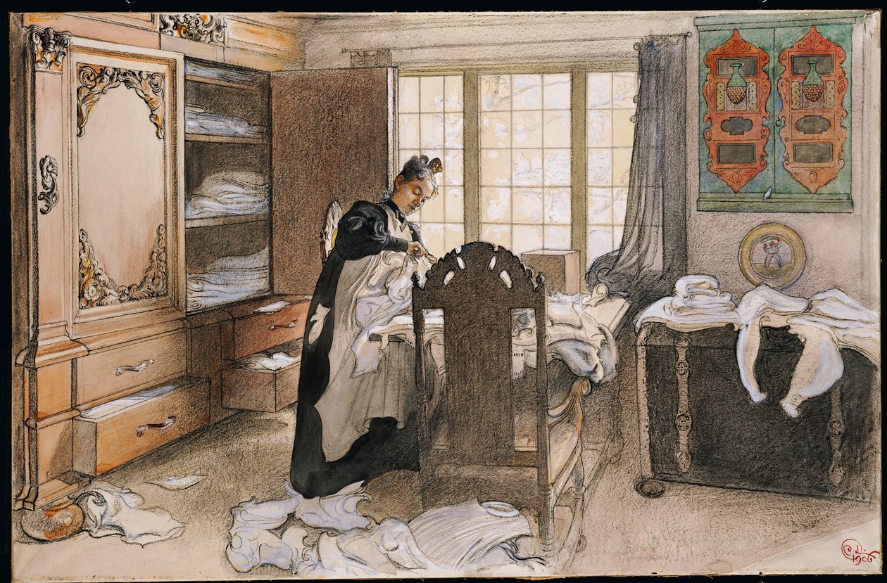 Karin pelo armário de linho, 1906 de Carl Larsson
