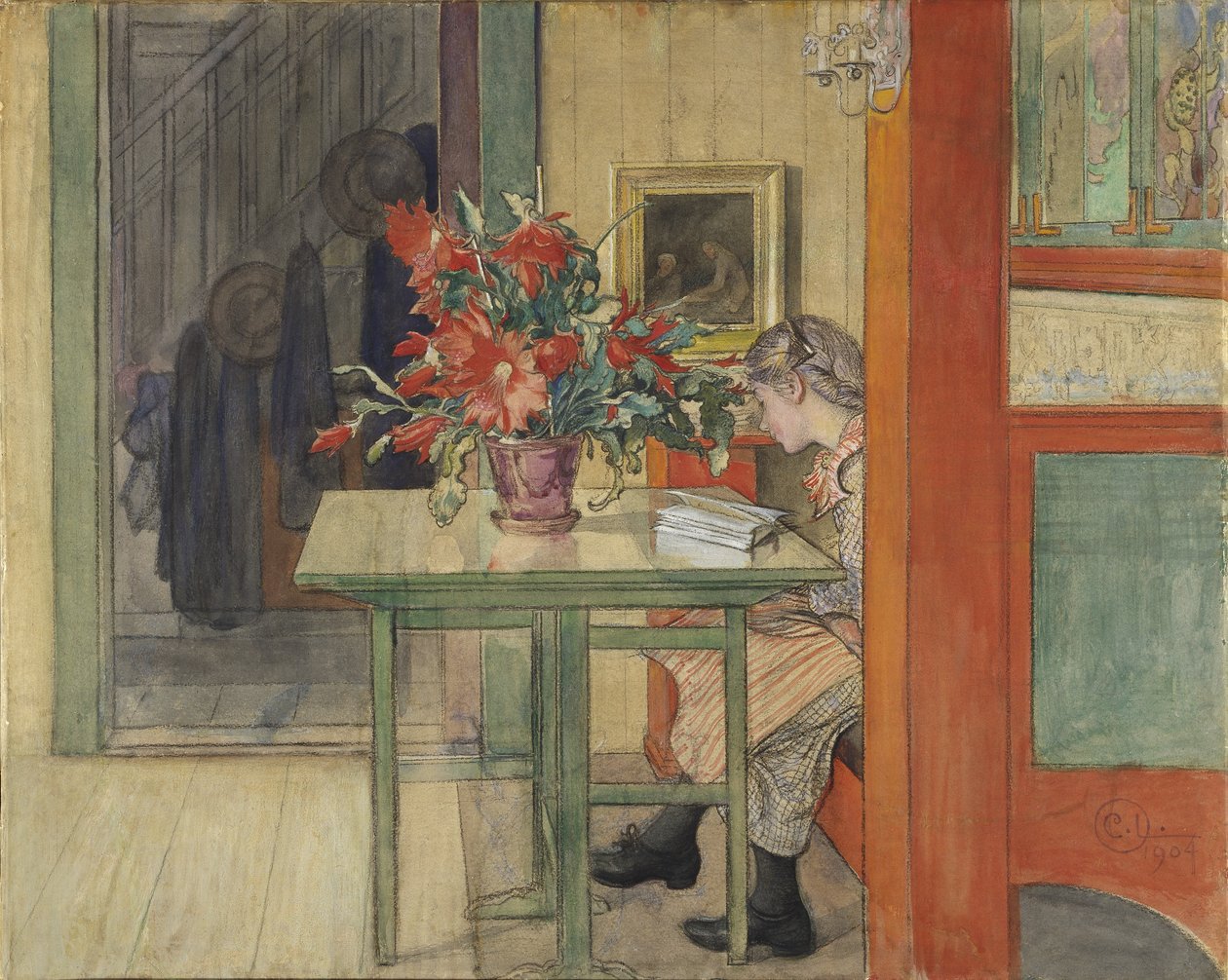 Lisbeth Reading (wc com têmpera no papel) de Carl Larsson