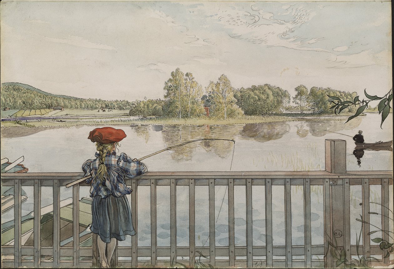 Lisbeth a la peche a la ligne - Lisbeth Angling, de Larsson, Carl (1853-1919). Aguarela e têmpera no papel. Tamanho: 32x43 cm. Nationalmuseum Estocolmo de Carl Larsson