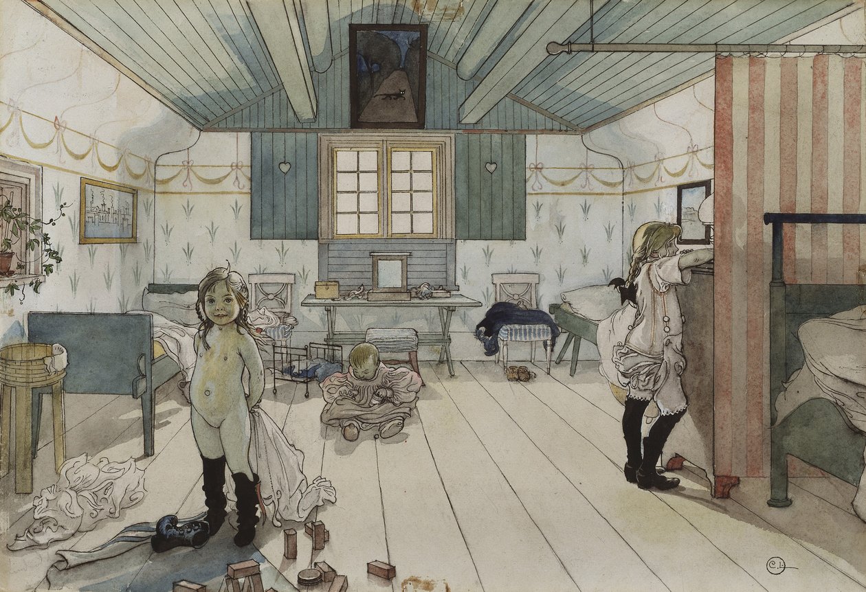 Mammas e o Quarto das Meninas Pequenas, da série A Home, c.1895 (wc on paper) de Carl Larsson