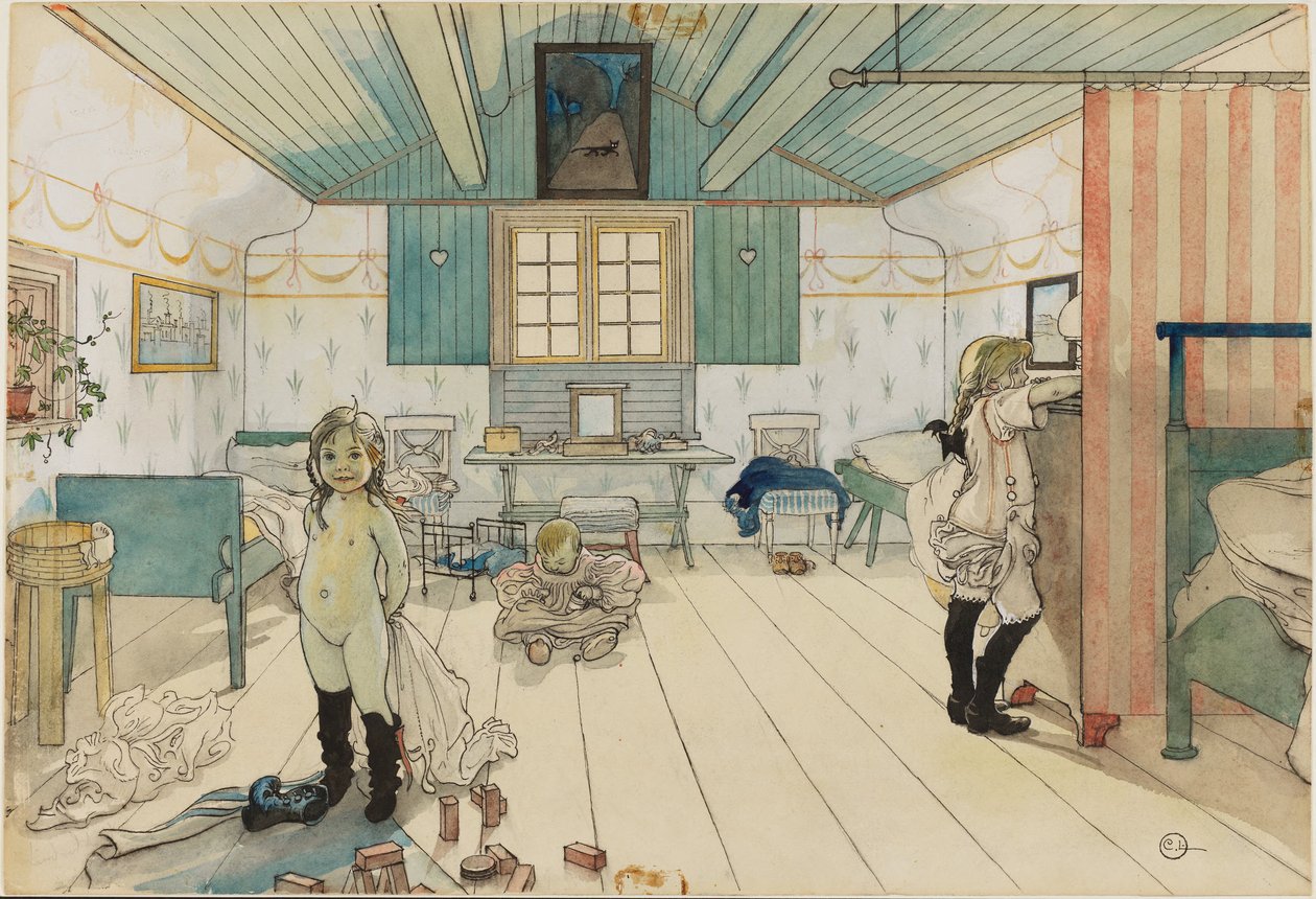 O quarto da mãe e das meninas pequenas. De Um lar (26 aguarelas) de Carl Larsson