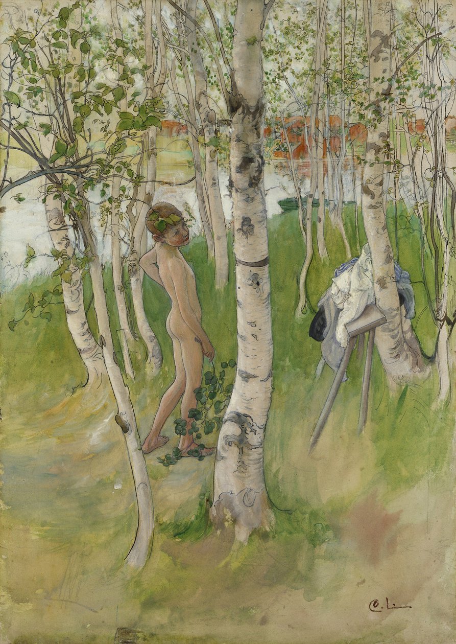Nude Boy entre Birches, 1898 (wc no papel) de Carl Larsson