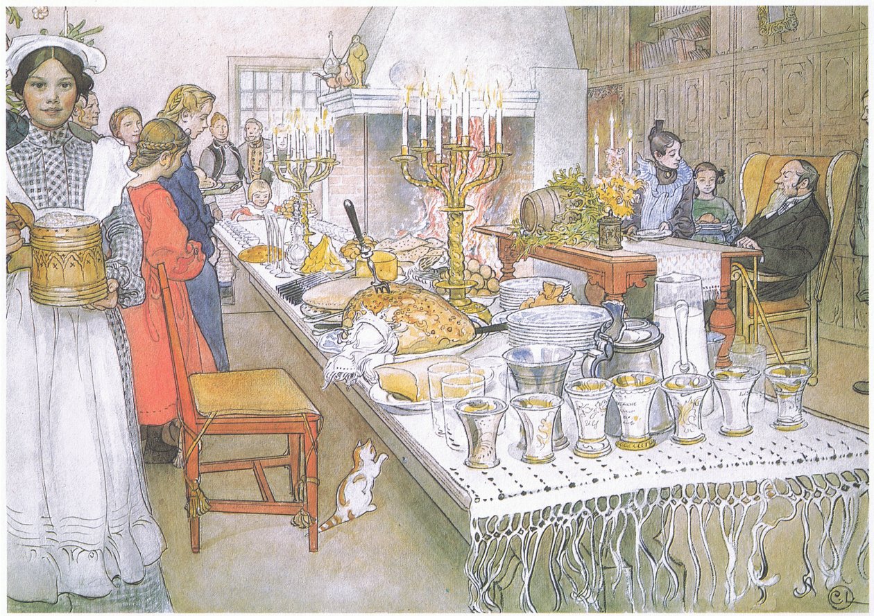 Na véspera de Natal, a enorme mesa comprida do salão está completamente coberta de comida (litografia a cores) de Carl Larsson