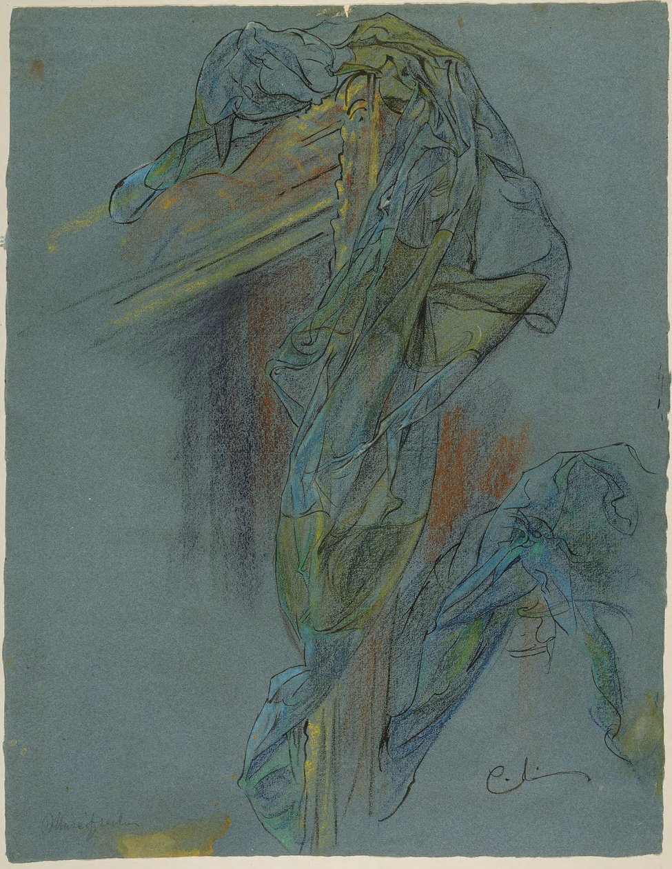 Estudo de uma moldura e de uma cortina da obra «O Triunfo de Vénus», de Boucher: desenho preliminar para o fresco de Lovisa Ulrika na escadaria do Nationalmuseum, em Estocolmo de Carl Larsson