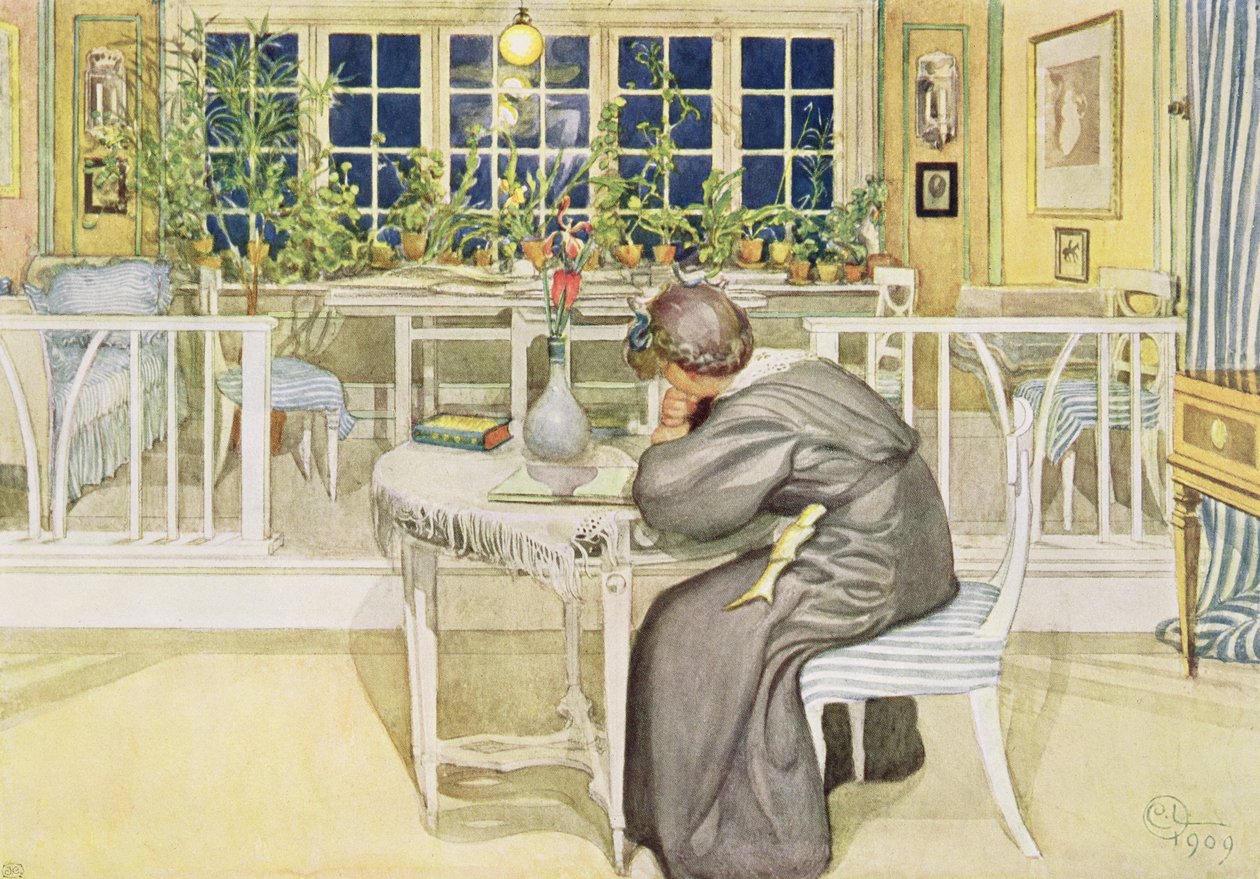 A noite antes da viagem a Inglaterra - sala de estudo, pub. em &39;Lasst Licht Hinin&39; (&39;Deixe entrar mais luz&39;), 1909 de Carl Larsson