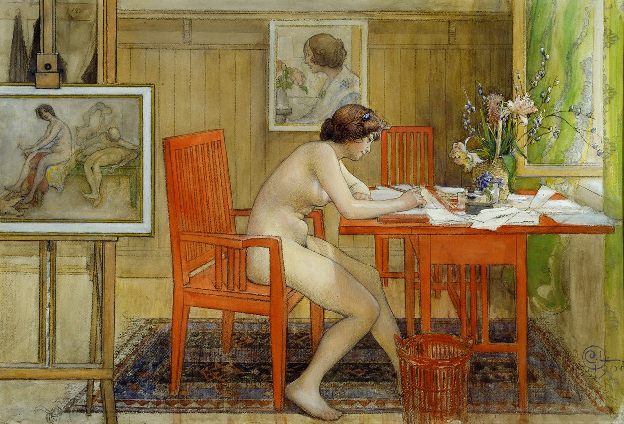 O Modelo Escrevendo um Cartão Postal de Carl Larsson