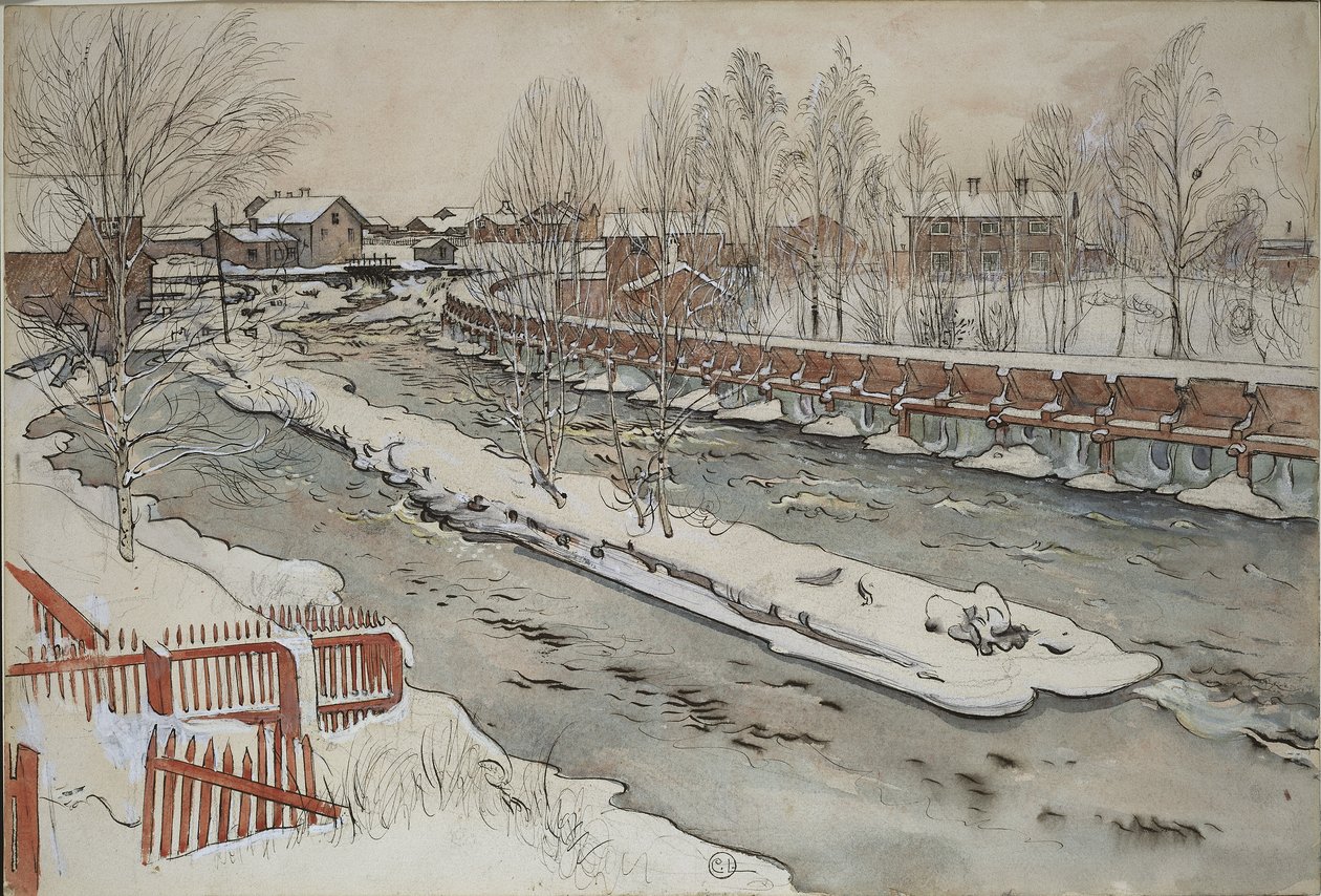 The Timber Chute, Winter Scene, da série A Home, c.1895 (wc no papel) de Carl Larsson