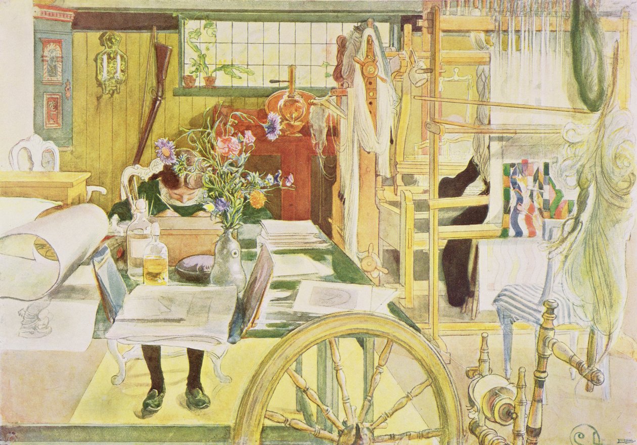 A sala de trabalho, pub. em &39;Lasst Licht Hinin&39; (&39;Deixe entrar mais luz&39;), 1909 de Carl Larsson