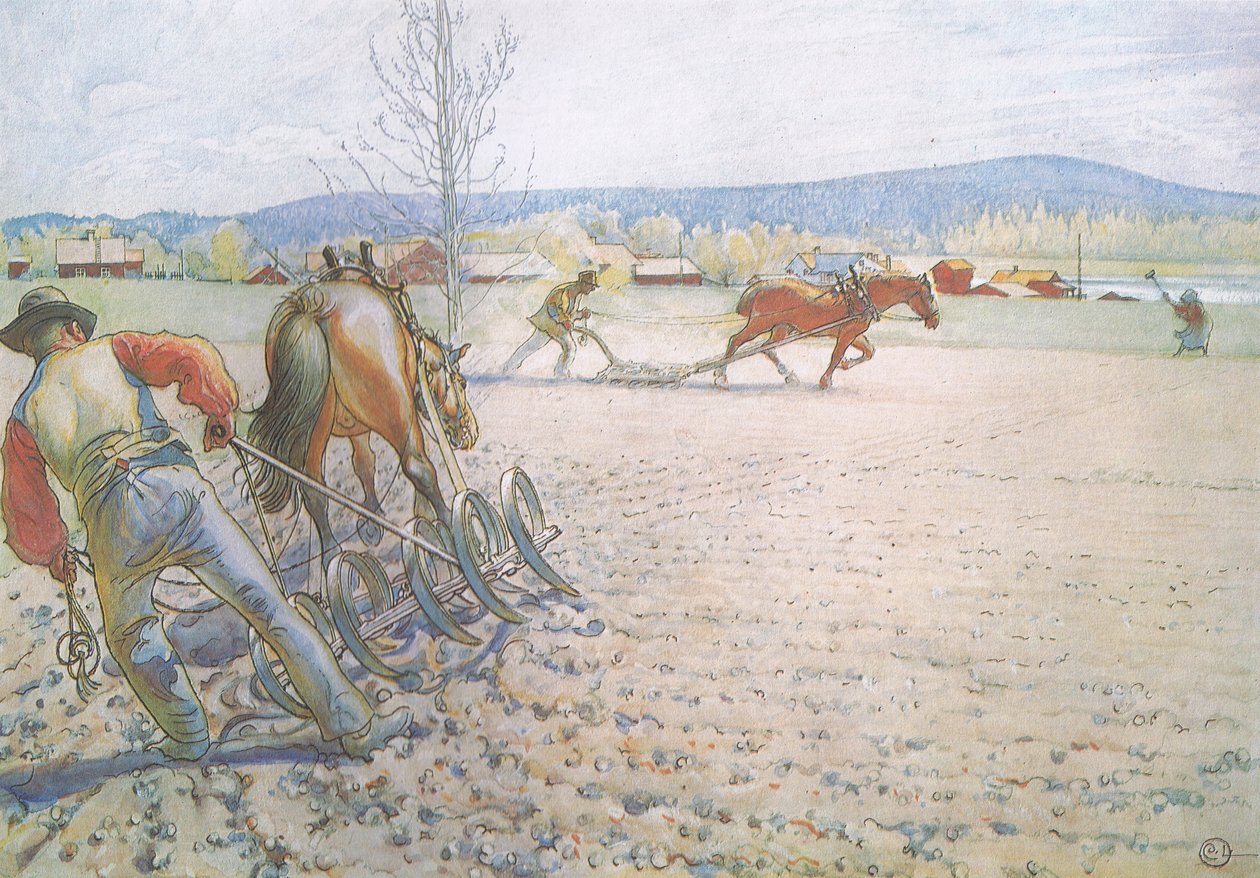 Os dois homens com suas grades trabalharam metodicamente para lá e para cá de Carl Larsson