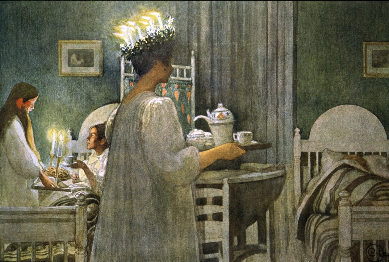 rapariga com coroa de velas no cabelo durante o dia de Santa Luzia, Ilustração 1916 de Carl Larsson