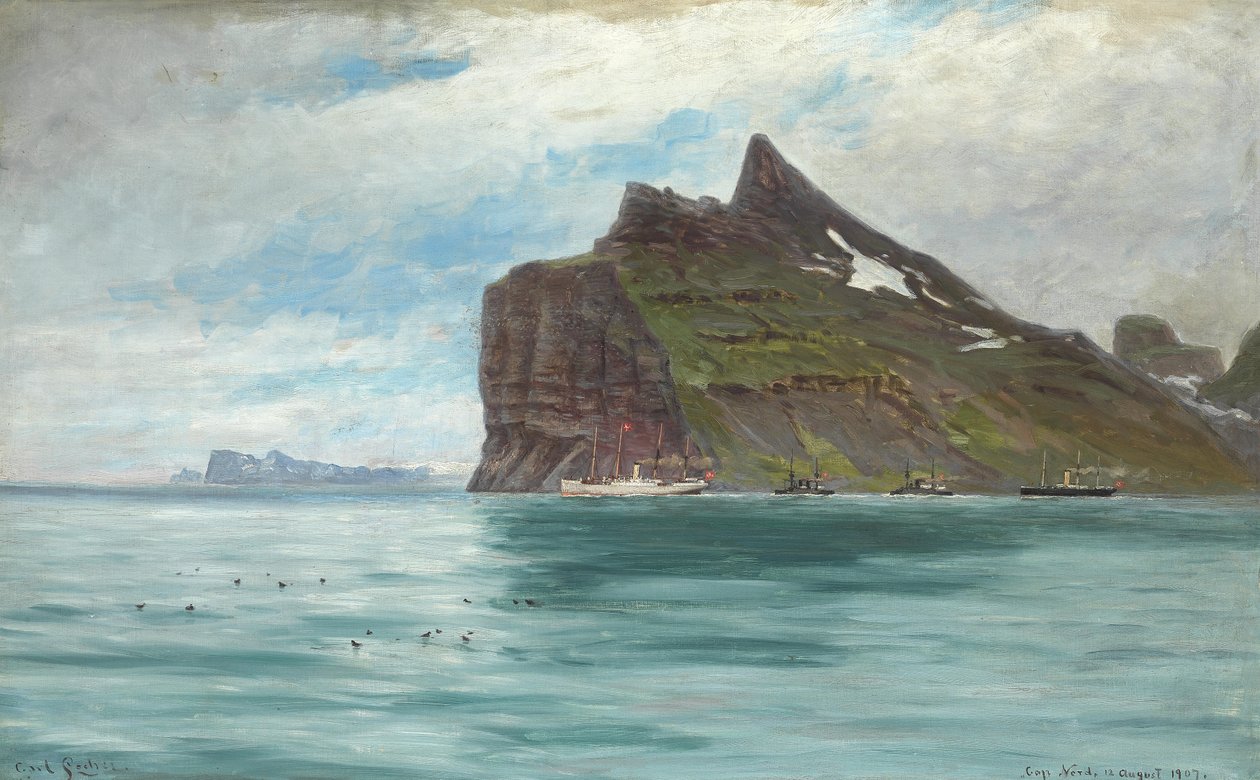 Vista do Cabo Norte, Islândia, da Viagem Real Dinamarquesa de 1907 com o navio a vapor SS Birma de Carl Locher