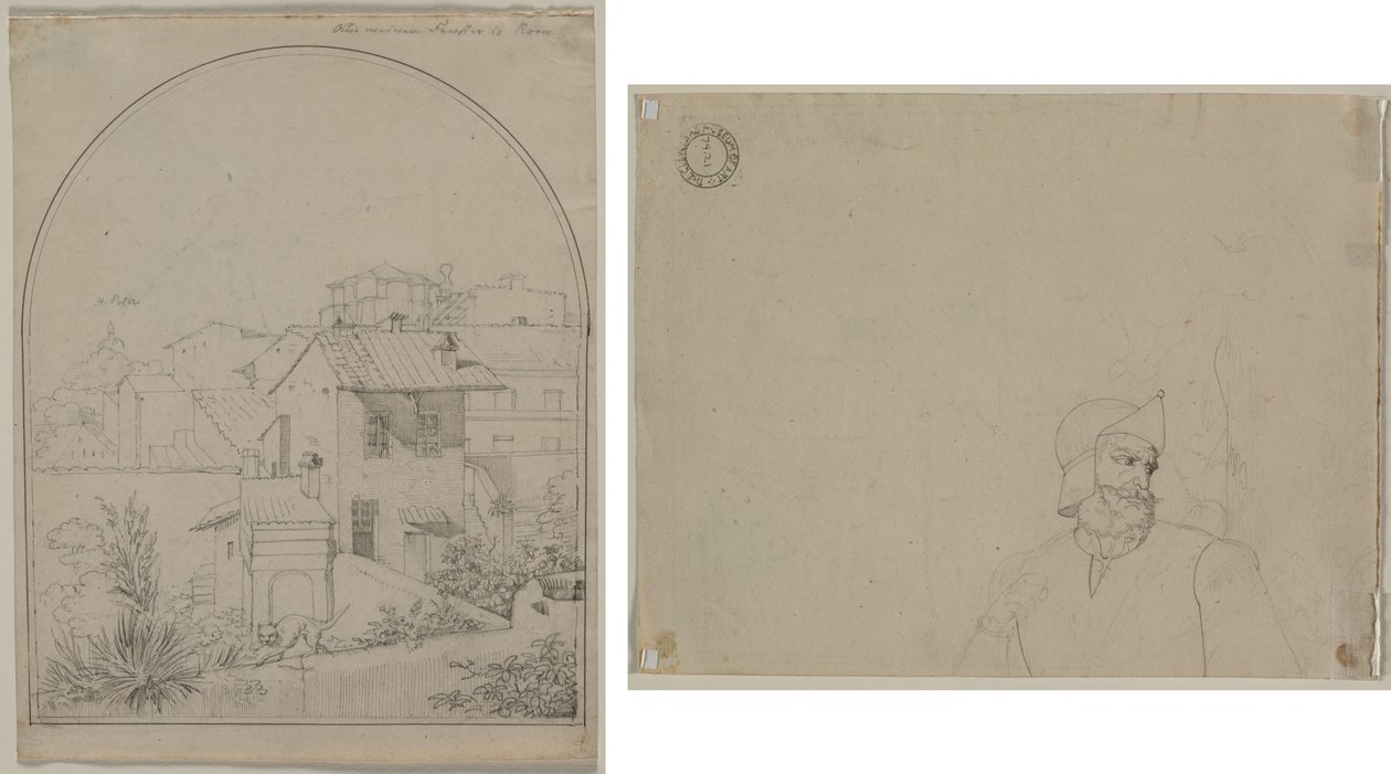 Vista da minha janela em Roma (reto) Soldado em uma paisagem (verso) de Carl Ludwig Tischbein