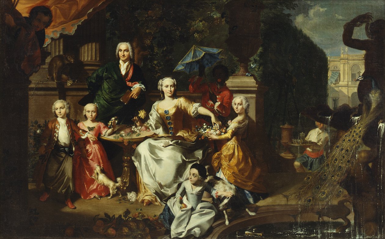 Um grupo familiar em um terraço no terreno de uma villa, possivelmente George Jackson e sua família, 1737 de Carl Marcus Tuscher