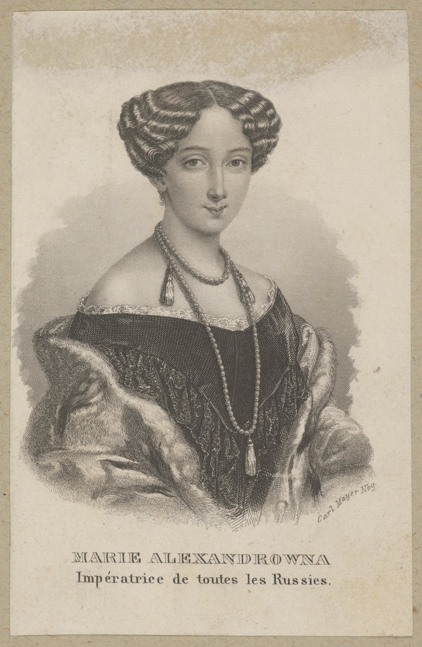 Maria Alexandrovna (nascida Maximiliana Wilhelmina Maria de Hesse-Darmstadt, 1824 Darmstadt - 1880 São Petersburgo) - filha mais nova de Luís II de Hesse e de Guilhermina de Baden, princesa de Hesse, imperatriz da Rússia como esposa do czar Alexandre II de Carl Mayer
