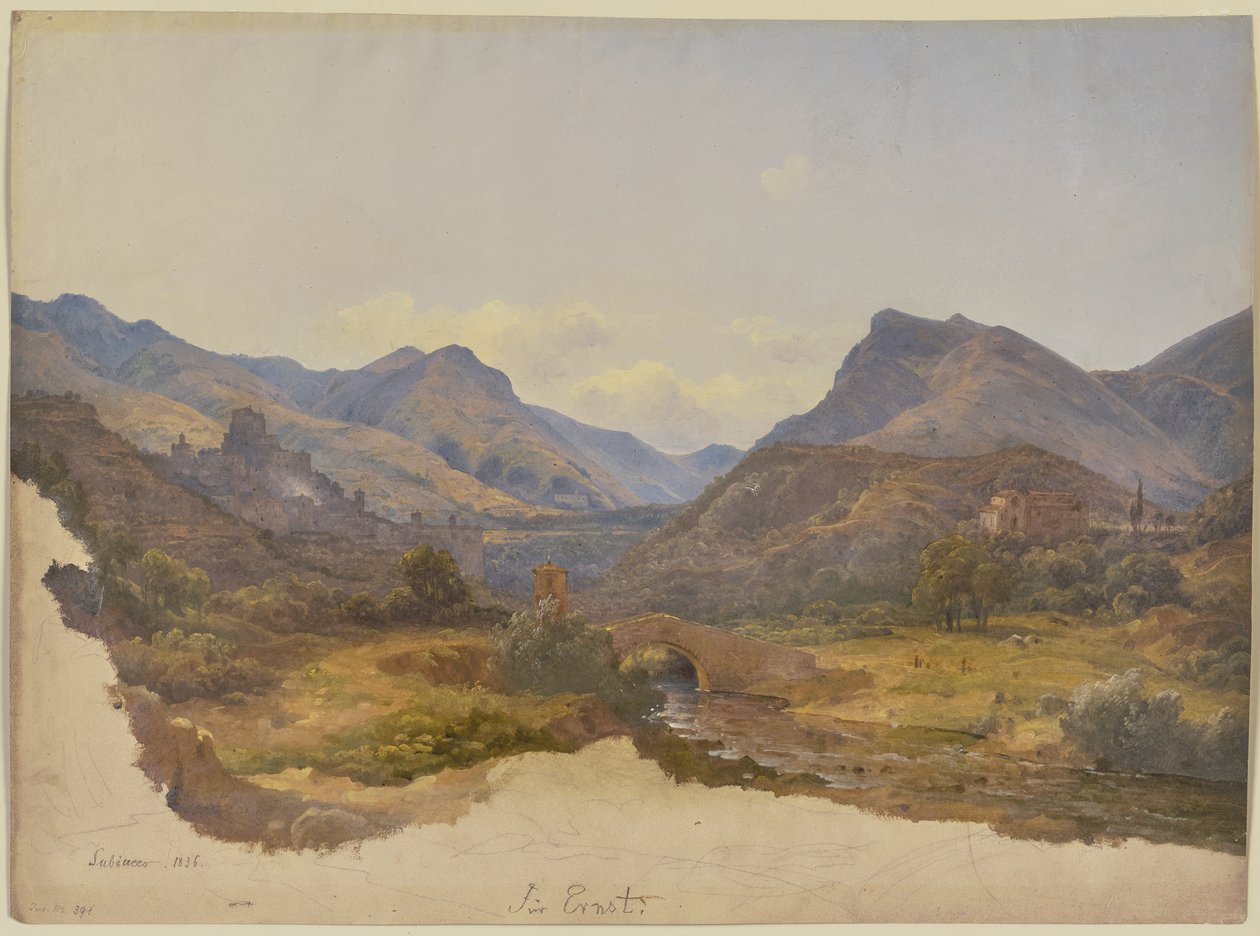 Vista de Subiaco, com uma ponte em primeiro plano de Carl Morgenstern