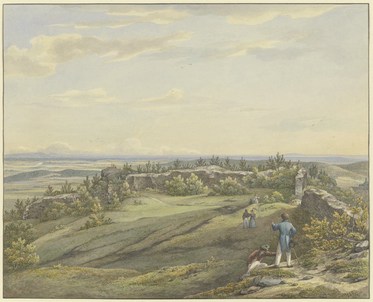 Pátio do castelo em ruínas de Falkenstein com vista para a planície do Meno, o Odenwald e os montes do Reno de Carl Morgenstern