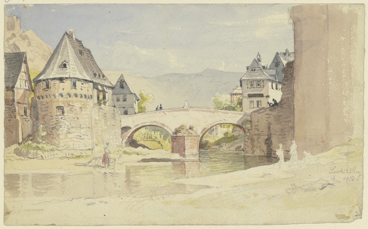 A antiga Ponte de Pedra, de 1556, sobre o rio Wisper, em Lorch, no Rheingau de Carl Morgenstern