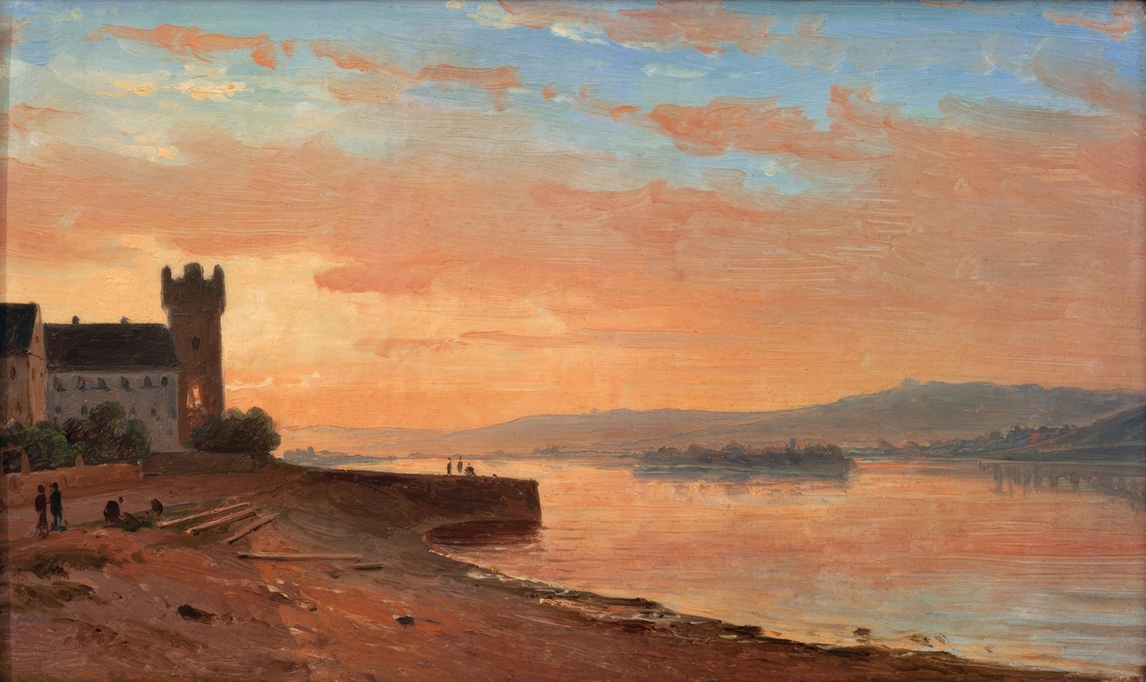 Nascer do sol no Reno, perto de Rüdesheim, com a torre da águia de Carl Morgenstern