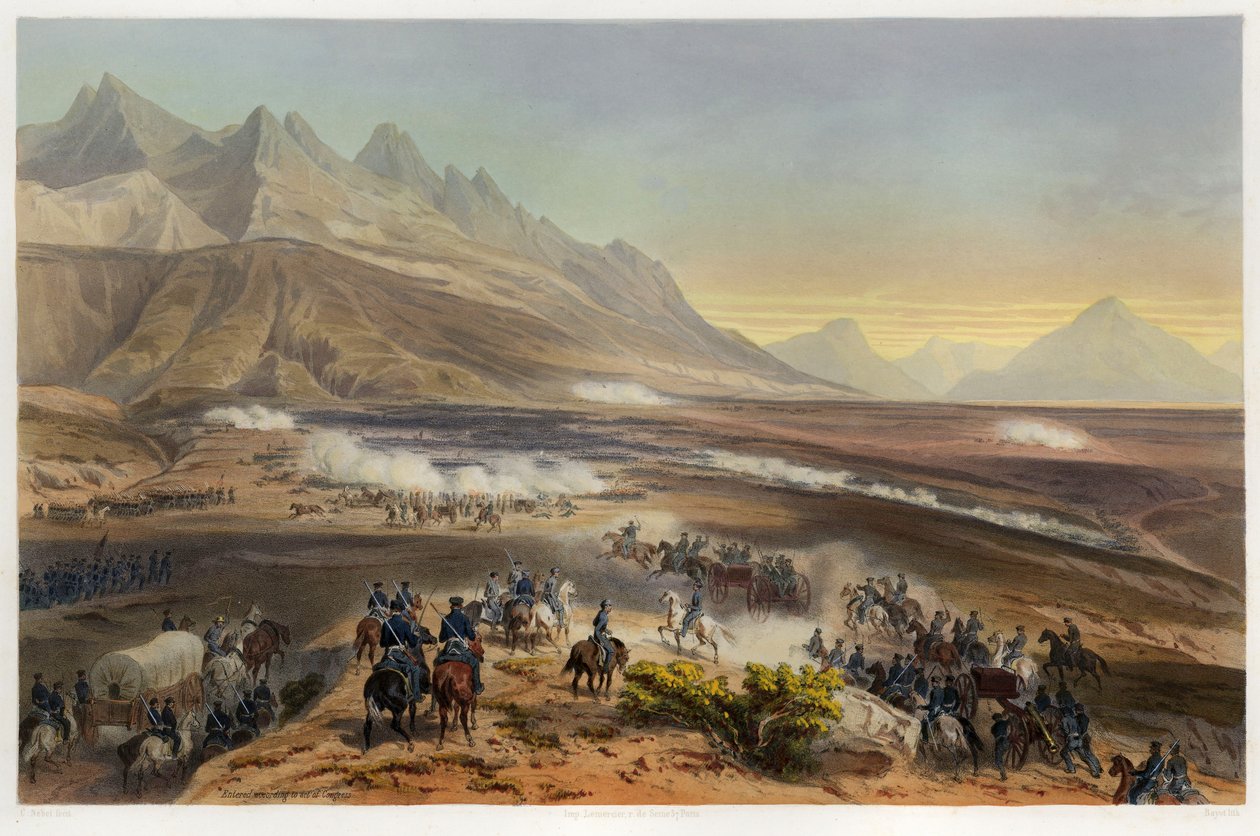 Batalha de Buena Vista, de The War Between the United States and Mexico, pub. 1851 (litografia colorida) de Carl Nebel